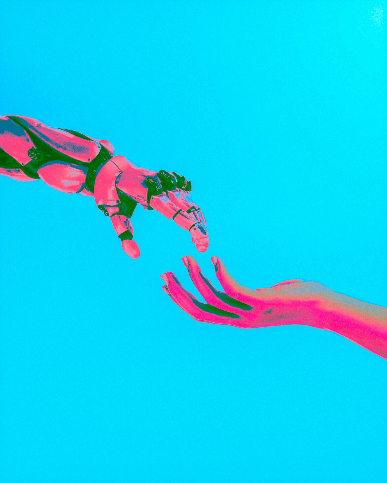 Robotic hand reaching towards a human hand on a blue background, representing AI search and customer connection