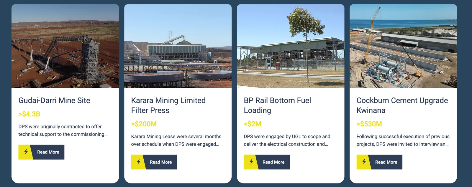 DPS project portfolio with named clients and contract values: Gudai-Darri, Karara Mining, BP, Cockburn Cement